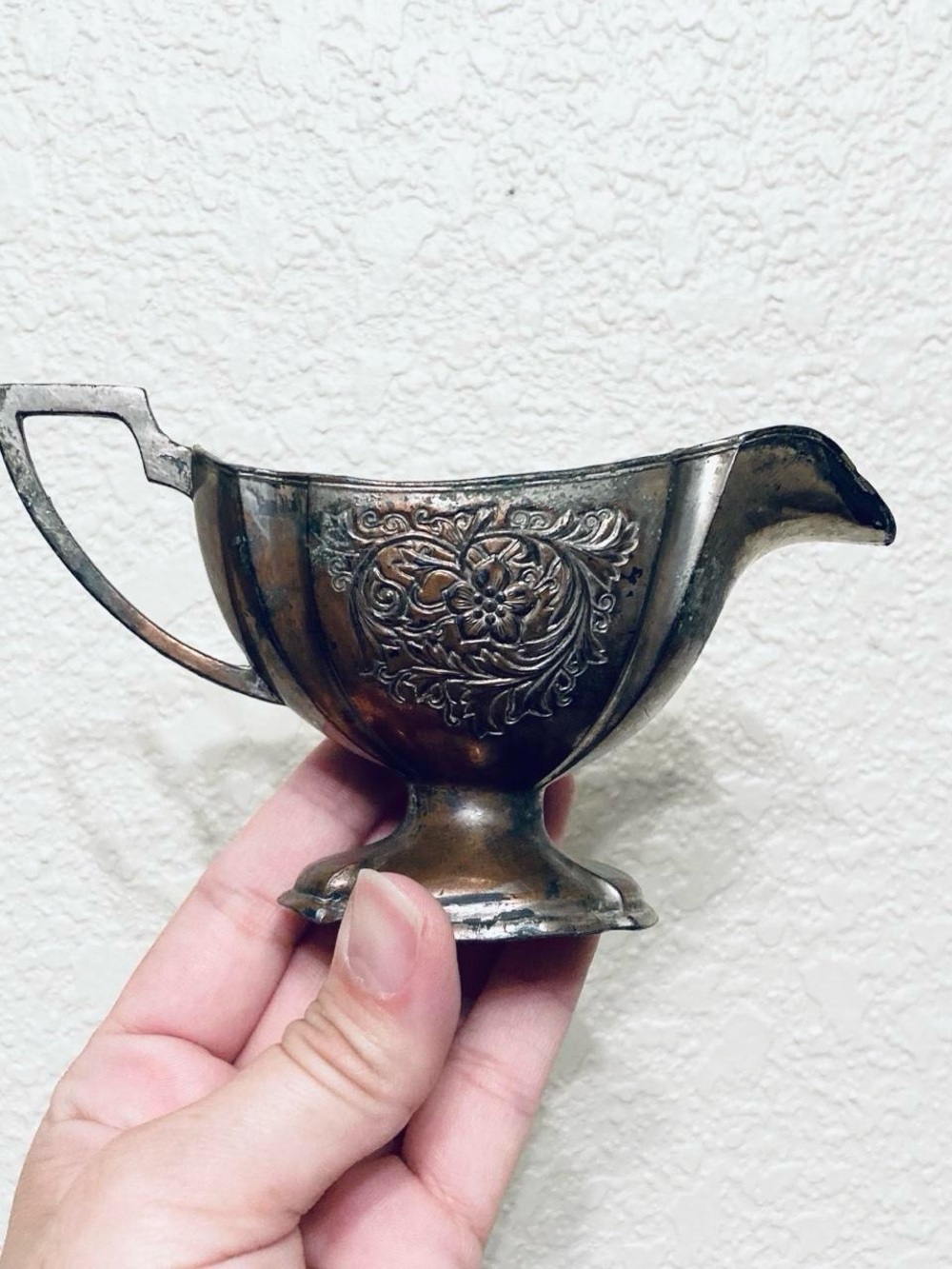 Vintage Ornate Style Silver Plated Creamer with Embossed Floral Design